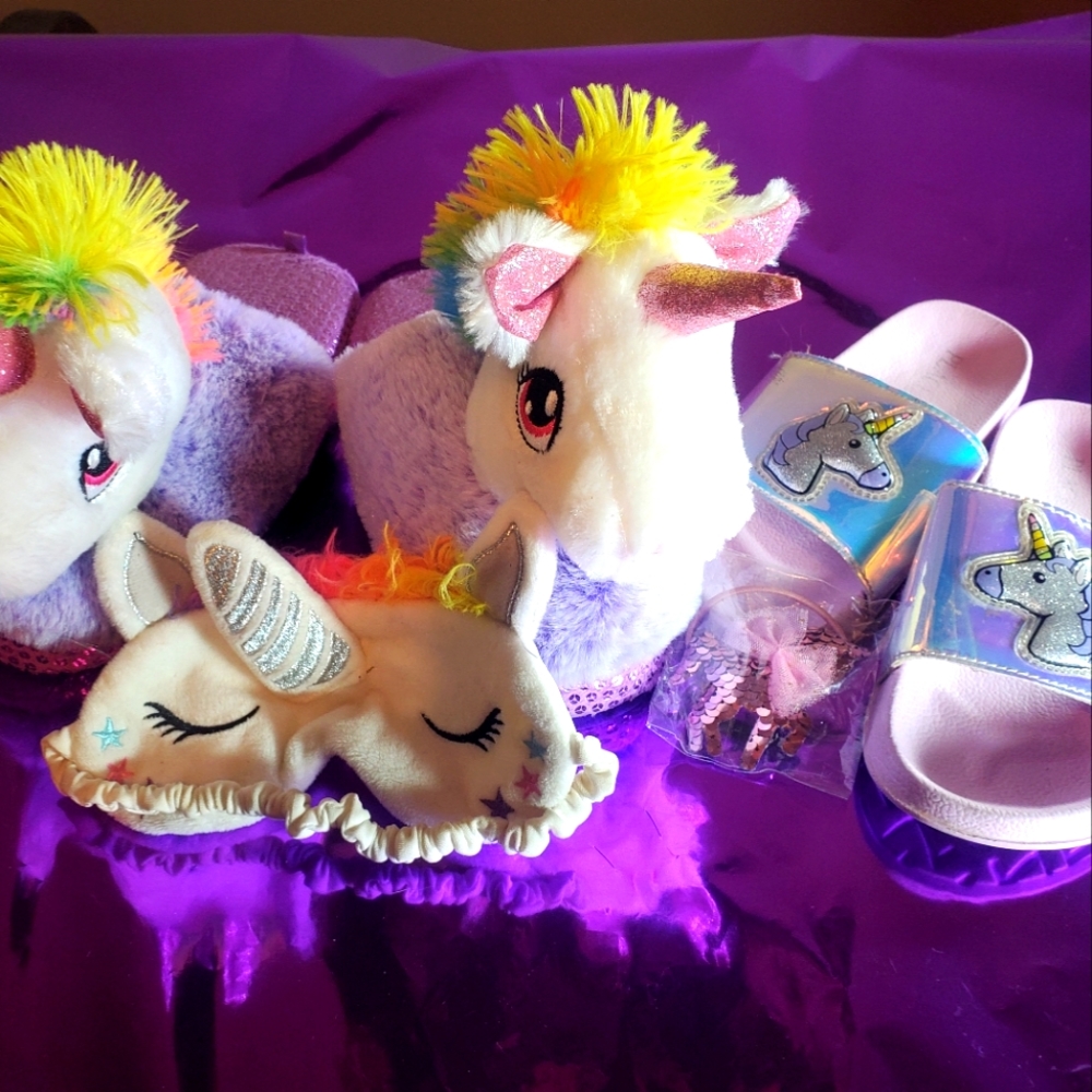 3-piece Unicorn Bundle; 1x Sandals, 1x House Slippers & 1x Sleep Mask